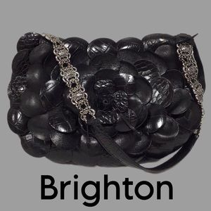 Brighton Black Leather Rosalie Flower Shoulder Bag, Silver Logo Hardware
